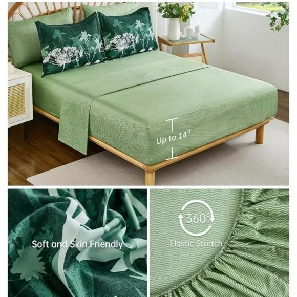 7 PieceGreen Floral Bed Set Comforter/Sheets/Pillow Cases - Picture 3 of 8